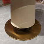 Round Natural Stone Sofa Side Table with Wood Veneer Drum, Upholstered Pedestal and Gold Stainless Steel Base